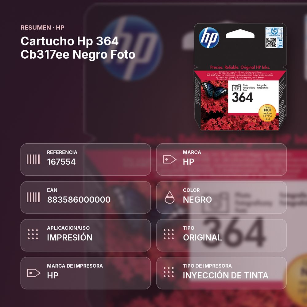 CARTUCHO HP 364 CB317EE NEGRO FOTO - resumen de atributos