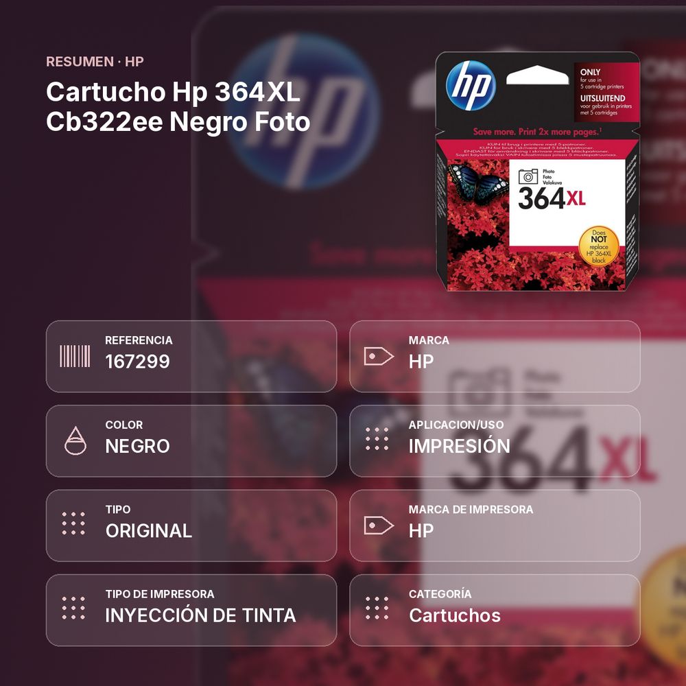 CARTUCHO HP 364XL CB322EE NEGRO FOTO - resumen de atributos