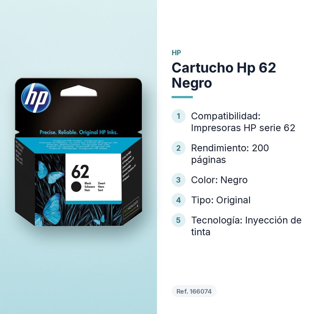 CARTUCHO HP 62 NEGRO - características principales