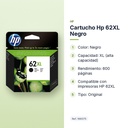 CARTUCHO HP 62XL NEGRO - características principales