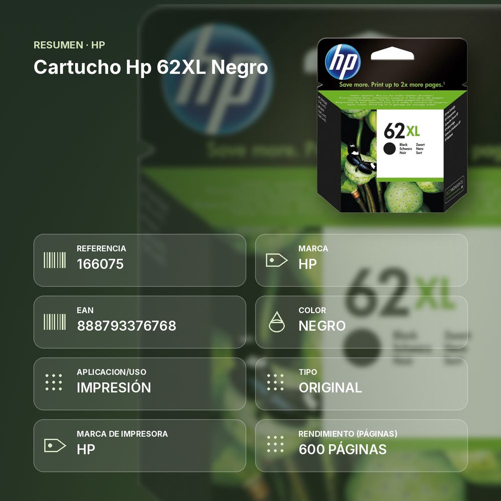 CARTUCHO HP 62XL NEGRO - resumen de atributos