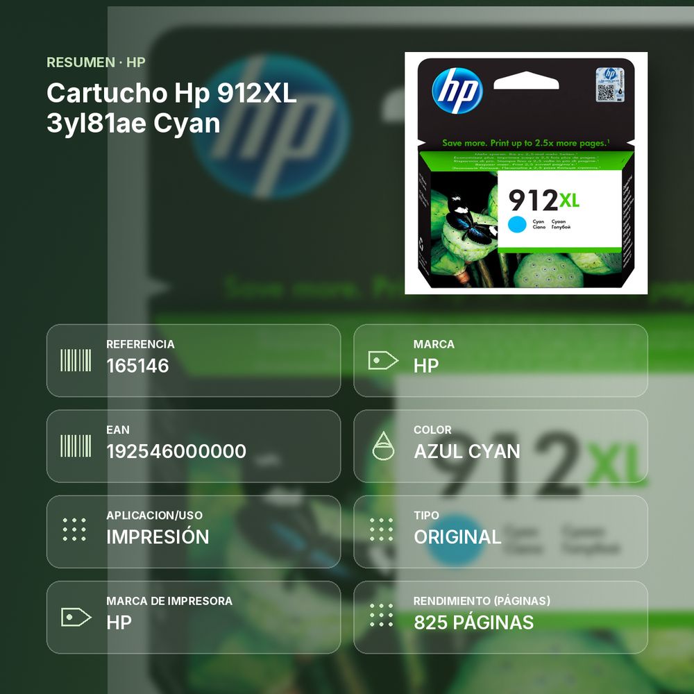 CARTUCHO HP 912XL 3YL81AE CYAN - resumen de atributos