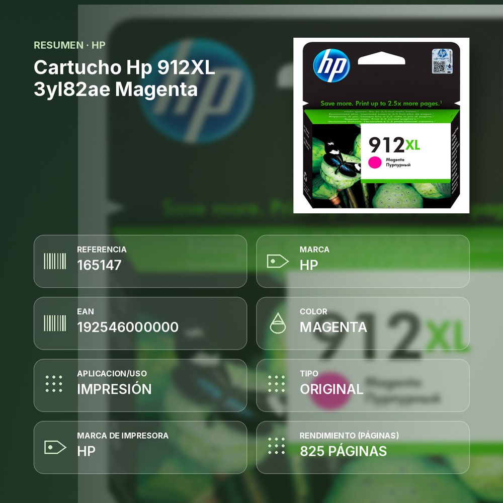 CARTUCHO HP 912XL 3YL82AE MAGENTA - resumen de atributos