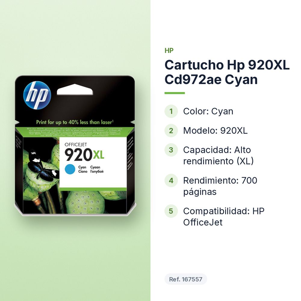 CARTUCHO HP 920XL CD972AE CYAN - características principales