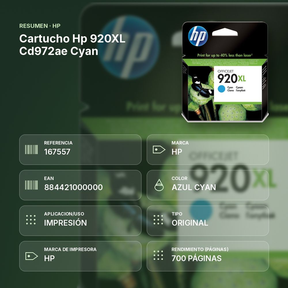CARTUCHO HP 920XL CD972AE CYAN - resumen de atributos