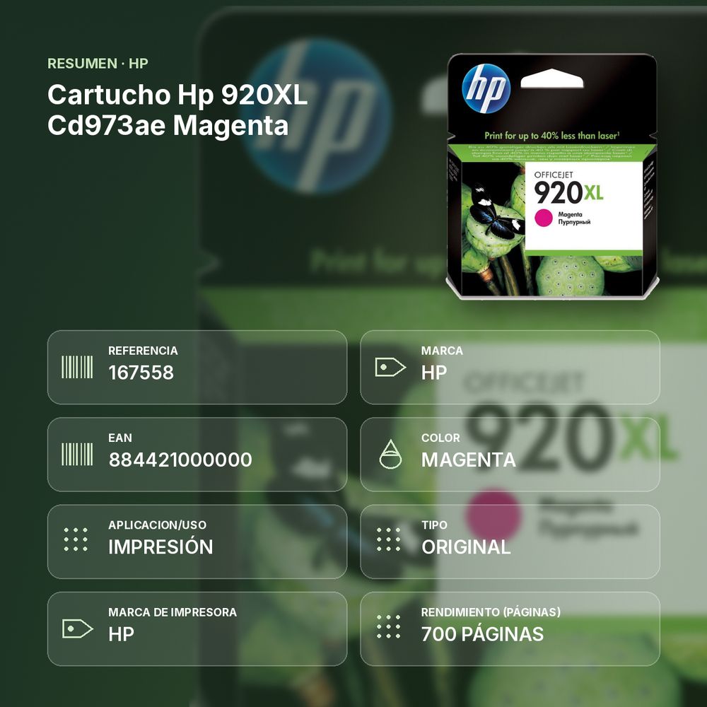 CARTUCHO HP 920XL CD973AE MAGENTA - resumen de atributos