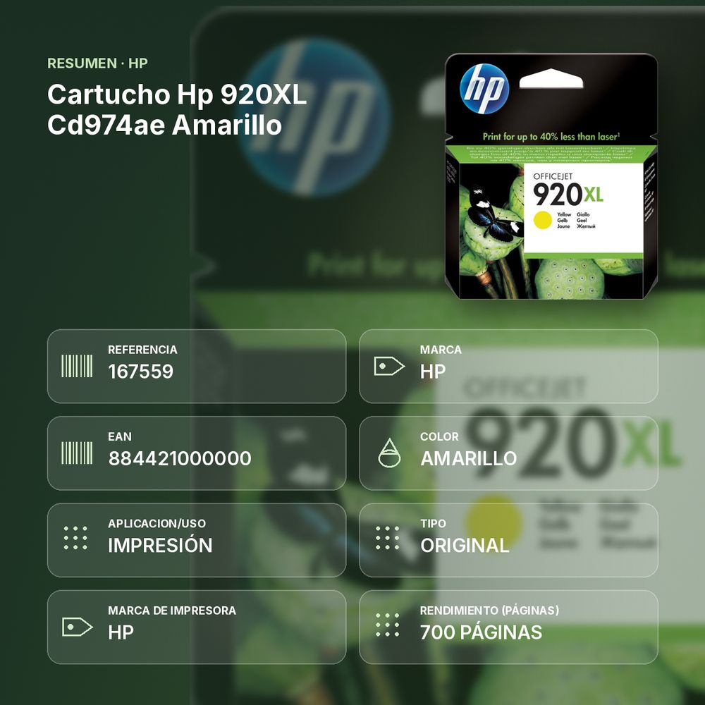 CARTUCHO HP 920XL CD974AE AMARILLO - resumen de atributos