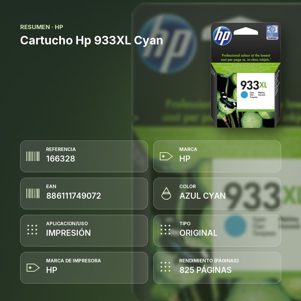 CARTUCHO HP 933XL CYAN - resumen de atributos