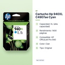 CARTUCHO HP 940XL C4907AE CYAN - características principales