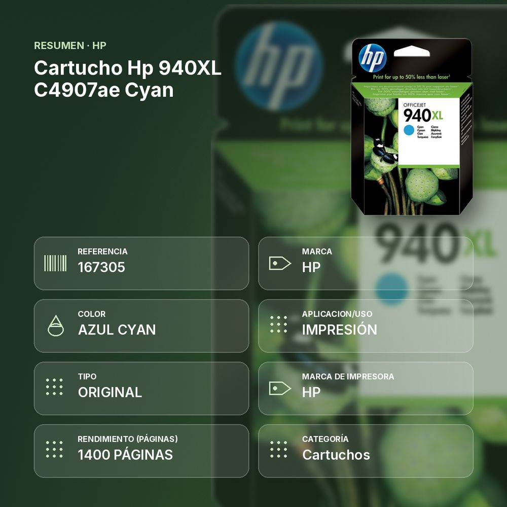CARTUCHO HP 940XL C4907AE CYAN - resumen de atributos