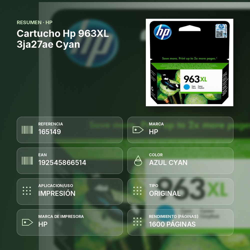 CARTUCHO HP 963XL 3JA27AE CYAN - resumen de atributos