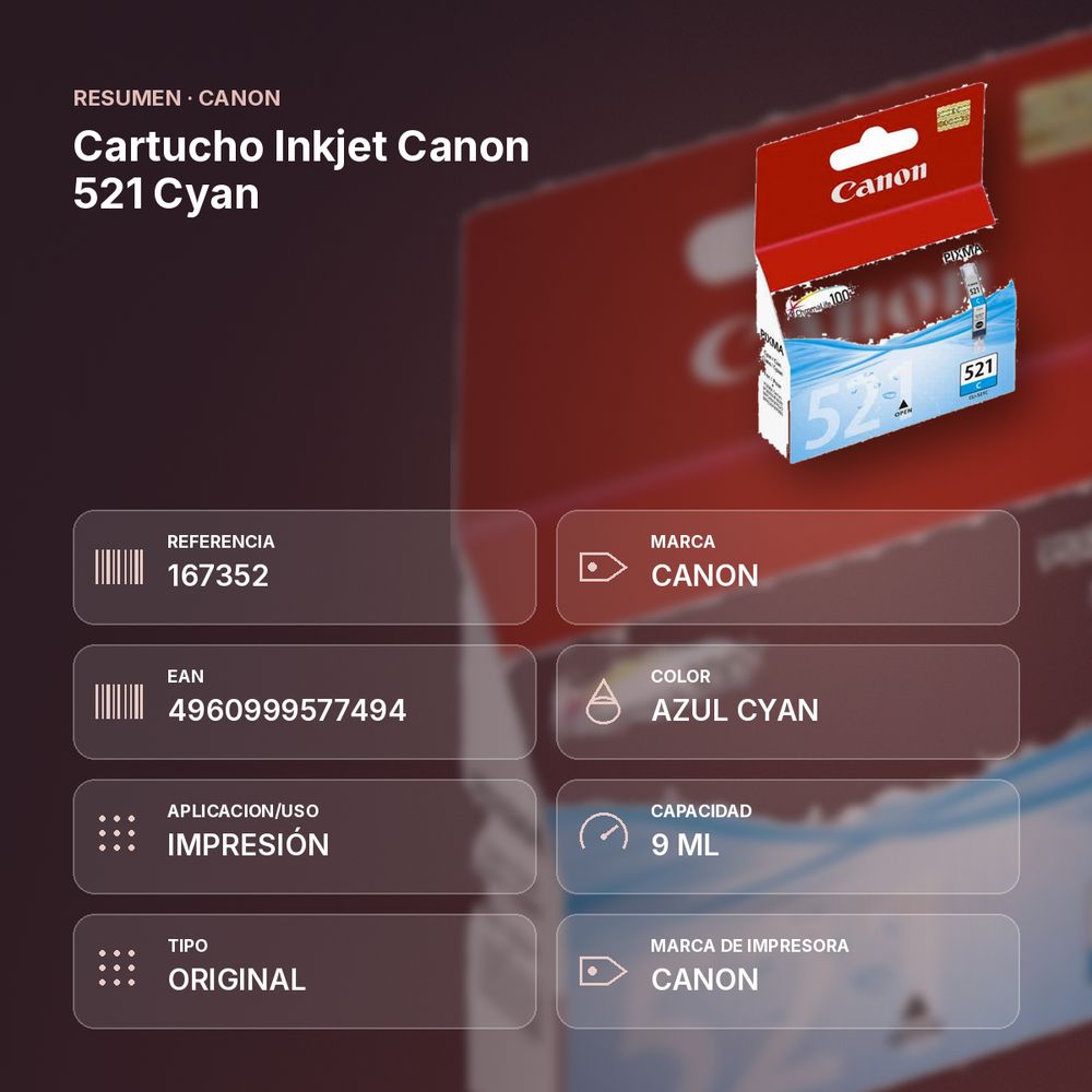 CARTUCHO INKJET CANON 521 CYAN - resumen de atributos