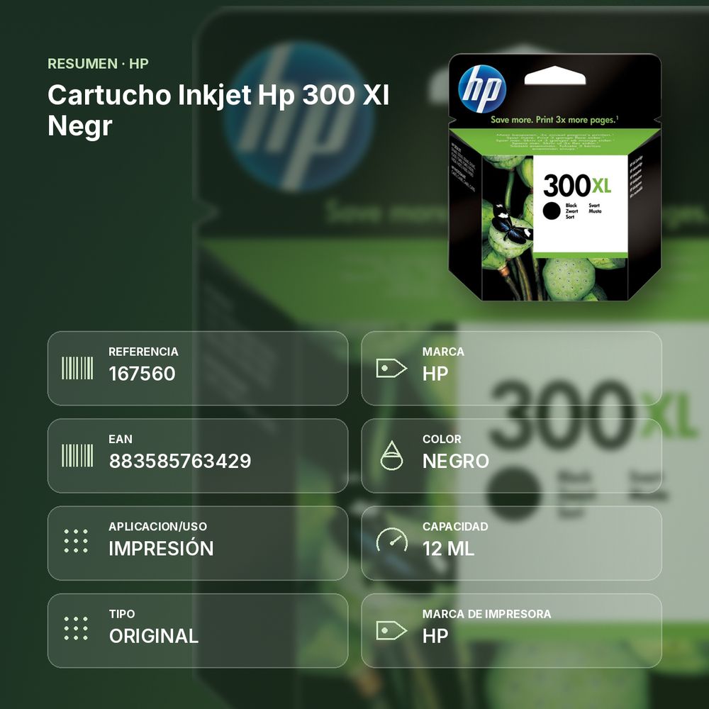 CARTUCHO INKJET HP 300 XL NEGR - resumen de atributos