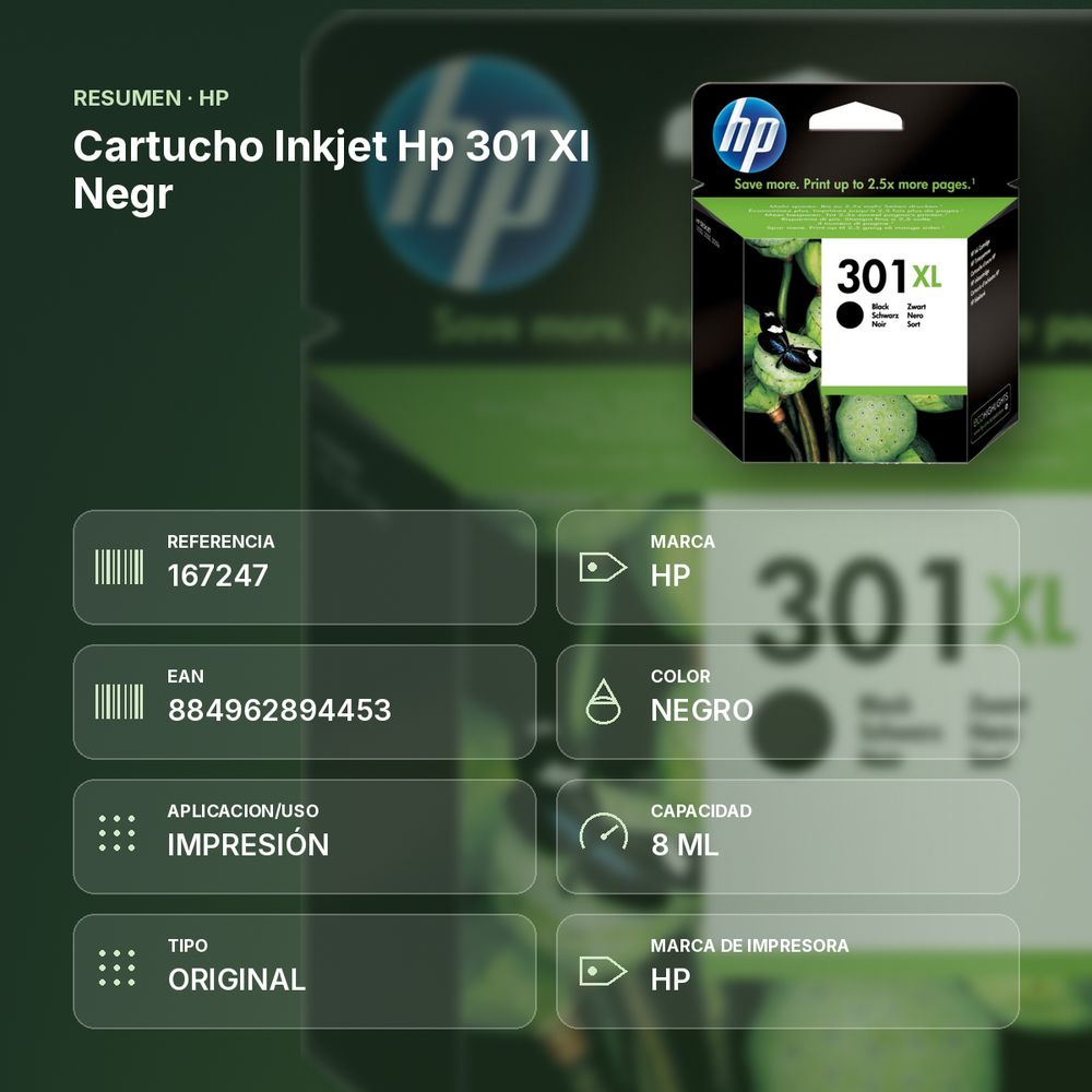 CARTUCHO INKJET HP 301 XL NEGR - resumen de atributos