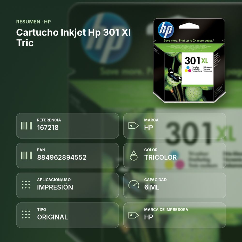 CARTUCHO INKJET HP 301 XL TRIC - resumen de atributos