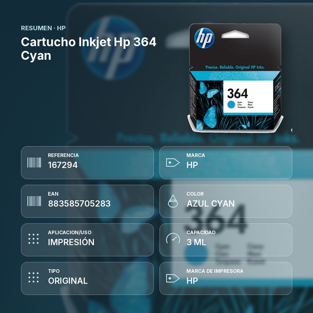 CARTUCHO INKJET HP 364 CYAN - resumen de atributos