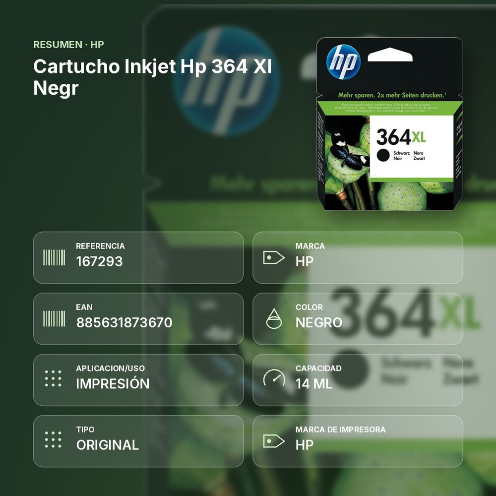 CARTUCHO INKJET HP 364 XL NEGR - resumen de atributos