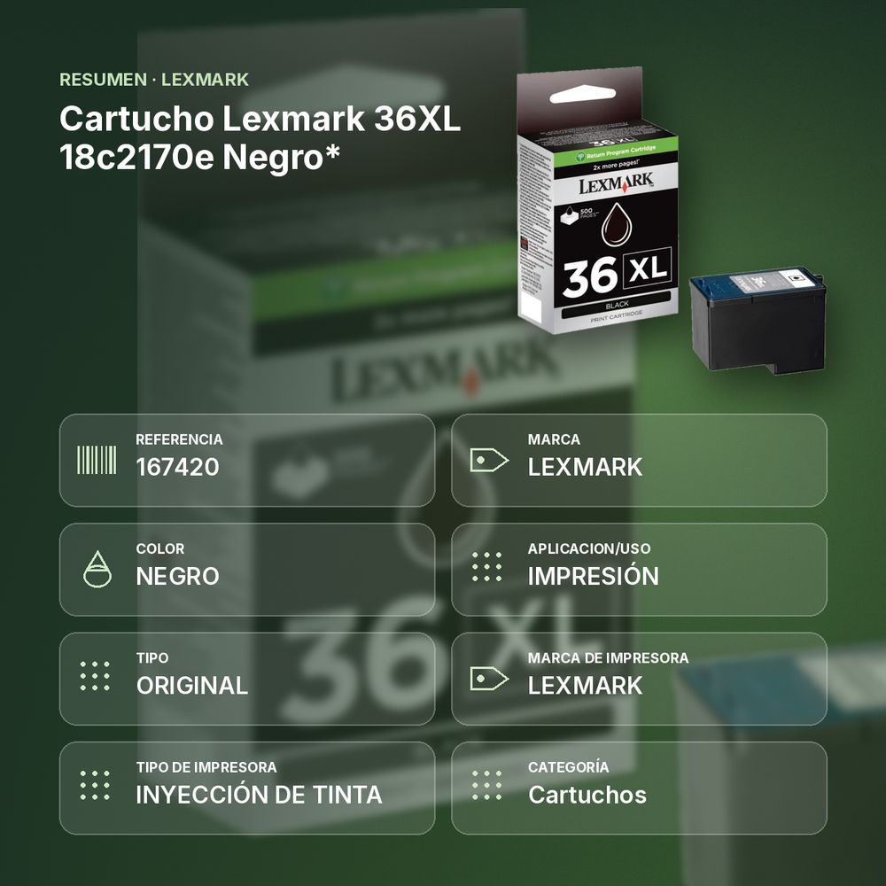CARTUCHO LEXMARK 36XL 18C2170E NEGRO* - resumen de atributos