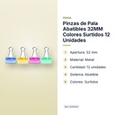 PINZAS DE PALA ABATIBLES 32MM COLORES SURTIDOS 12 UNIDADES - características principales