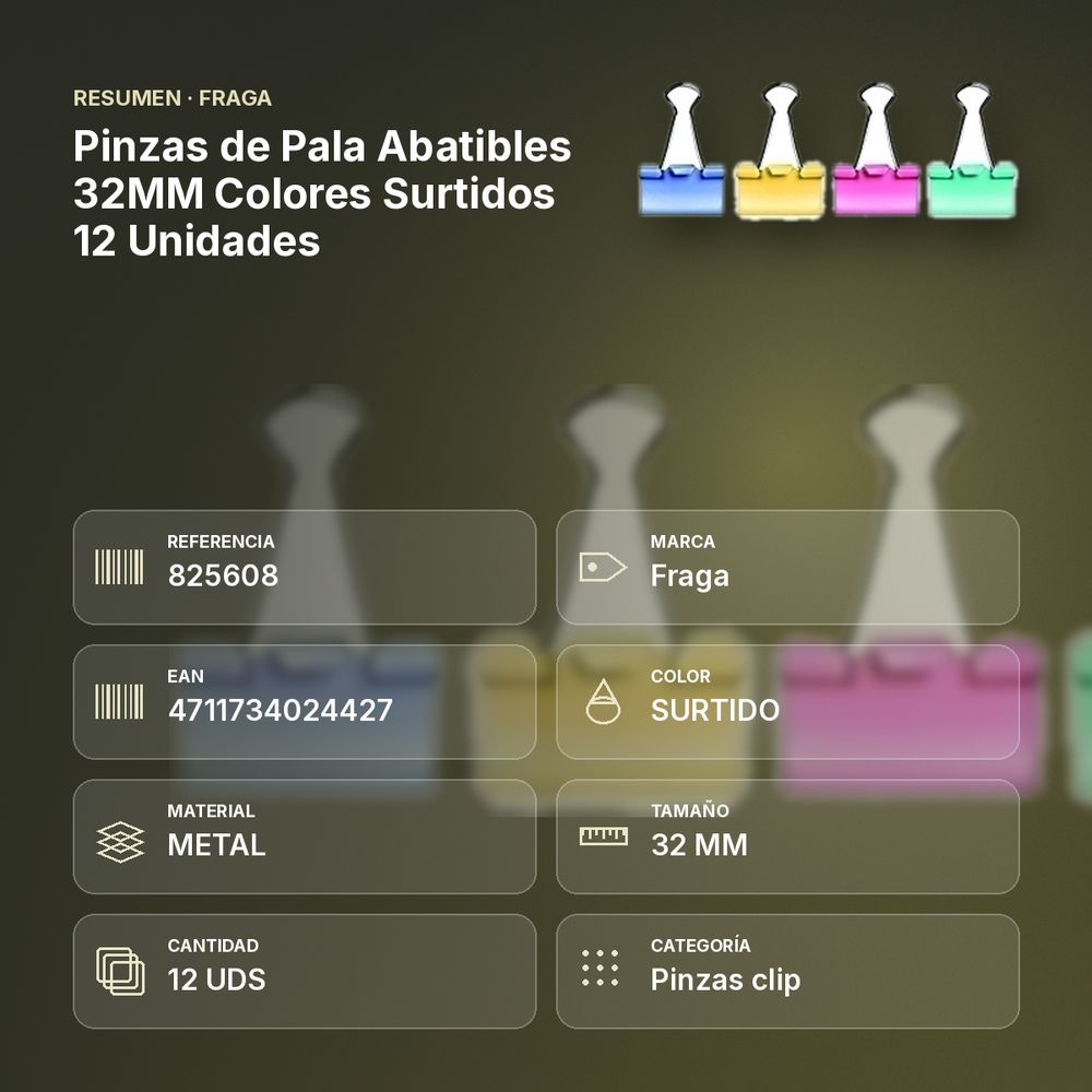 PINZAS DE PALA ABATIBLES 32MM COLORES SURTIDOS 12 UNIDADES - resumen de atributos
