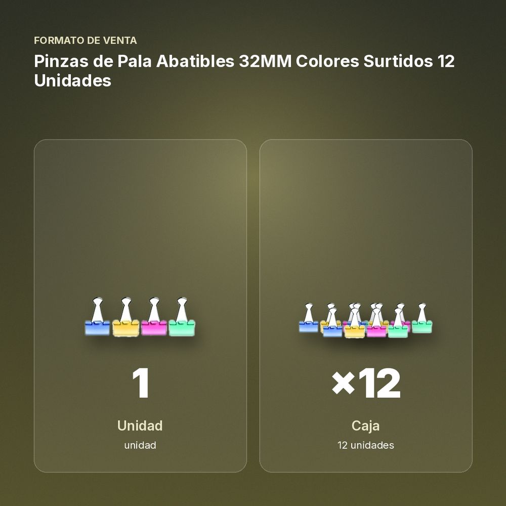 PINZAS DE PALA ABATIBLES 32MM COLORES SURTIDOS 12 UNIDADES - formato de venta: caja de 12