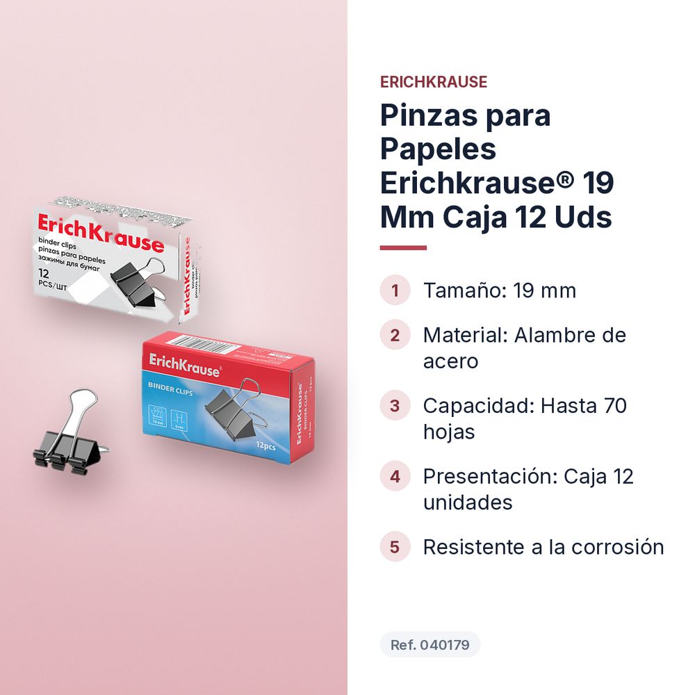 PINZAS PARA PAPELES ERICHKRAUSE® 19 MM CAJA 12 UDS - características principales