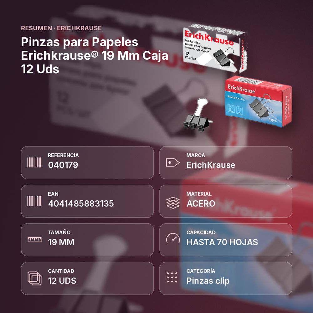 PINZAS PARA PAPELES ERICHKRAUSE® 19 MM CAJA 12 UDS - resumen de atributos