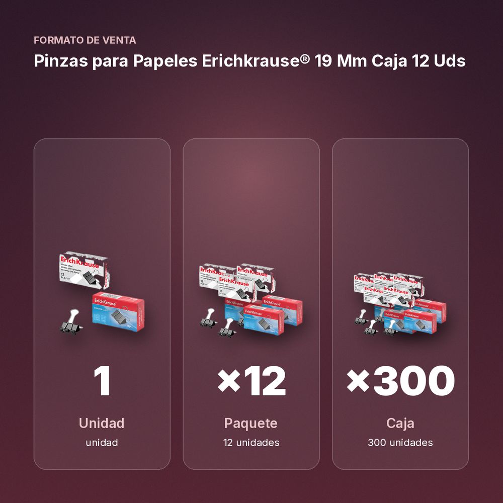 PINZAS PARA PAPELES ERICHKRAUSE® 19 MM CAJA 12 UDS - formato de venta: paquete de 12, caja de 300