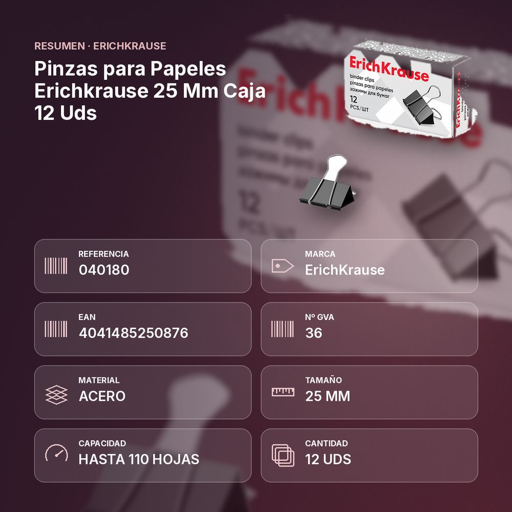 PINZAS PARA PAPELES ERICHKRAUSE 25 MM CAJA 12 UDS - resumen de atributos