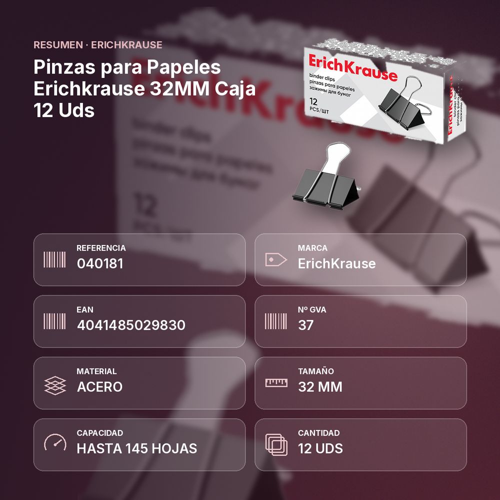 PINZAS PARA PAPELES ERICHKRAUSE 32MM CAJA 12 UDS - resumen de atributos