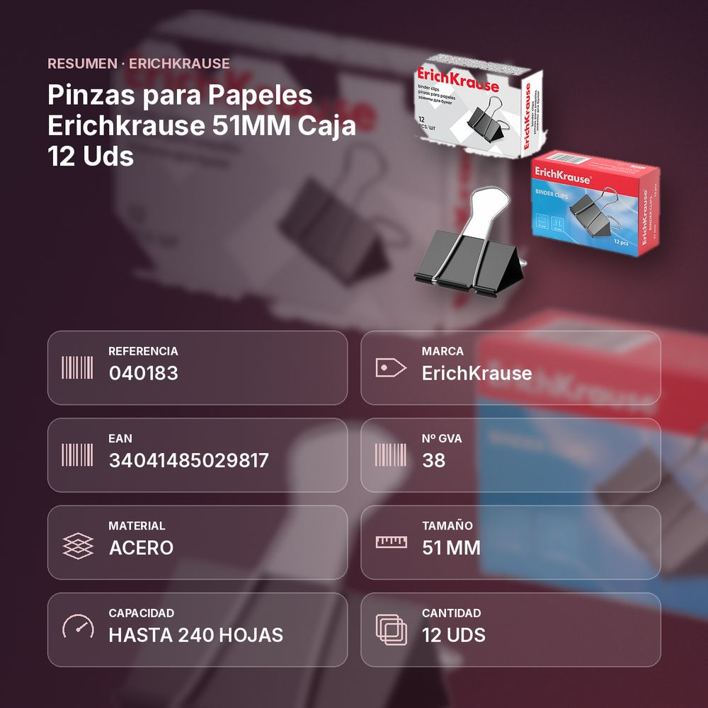 PINZAS PARA PAPELES ERICHKRAUSE 51MM CAJA 12 UDS - resumen de atributos