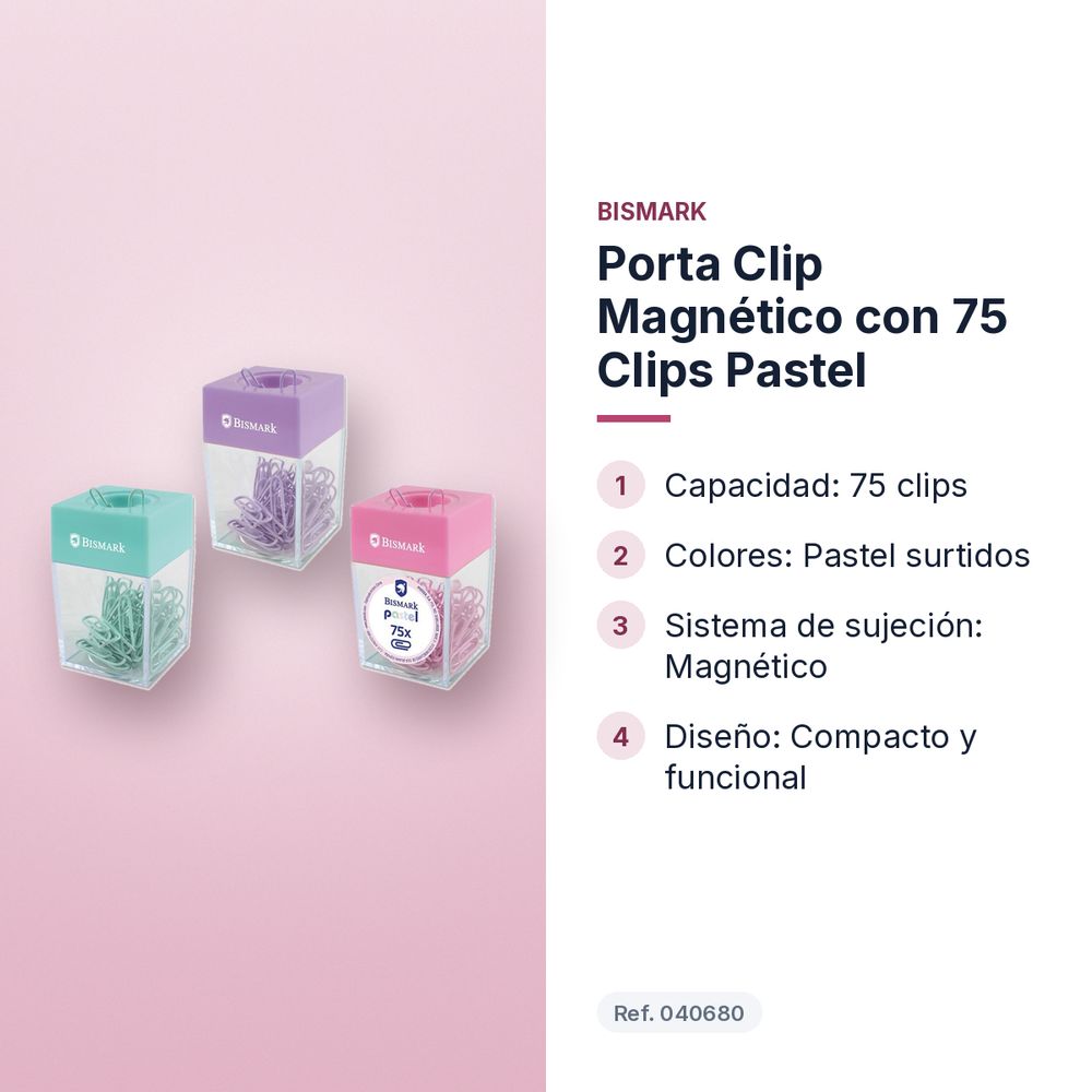 PORTA CLIP MAGNÉTICO CON 75 CLIPS PASTEL - características principales