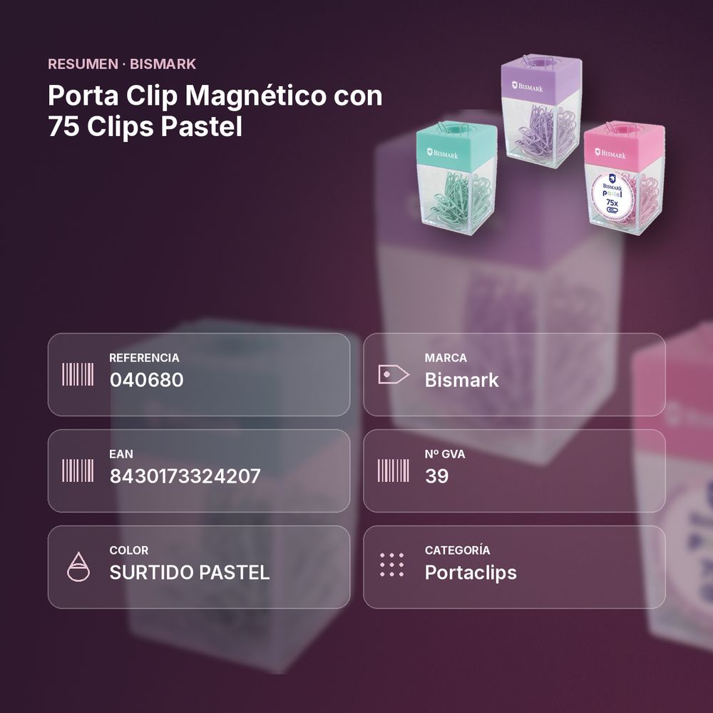 PORTA CLIP MAGNÉTICO CON 75 CLIPS PASTEL - resumen de atributos
