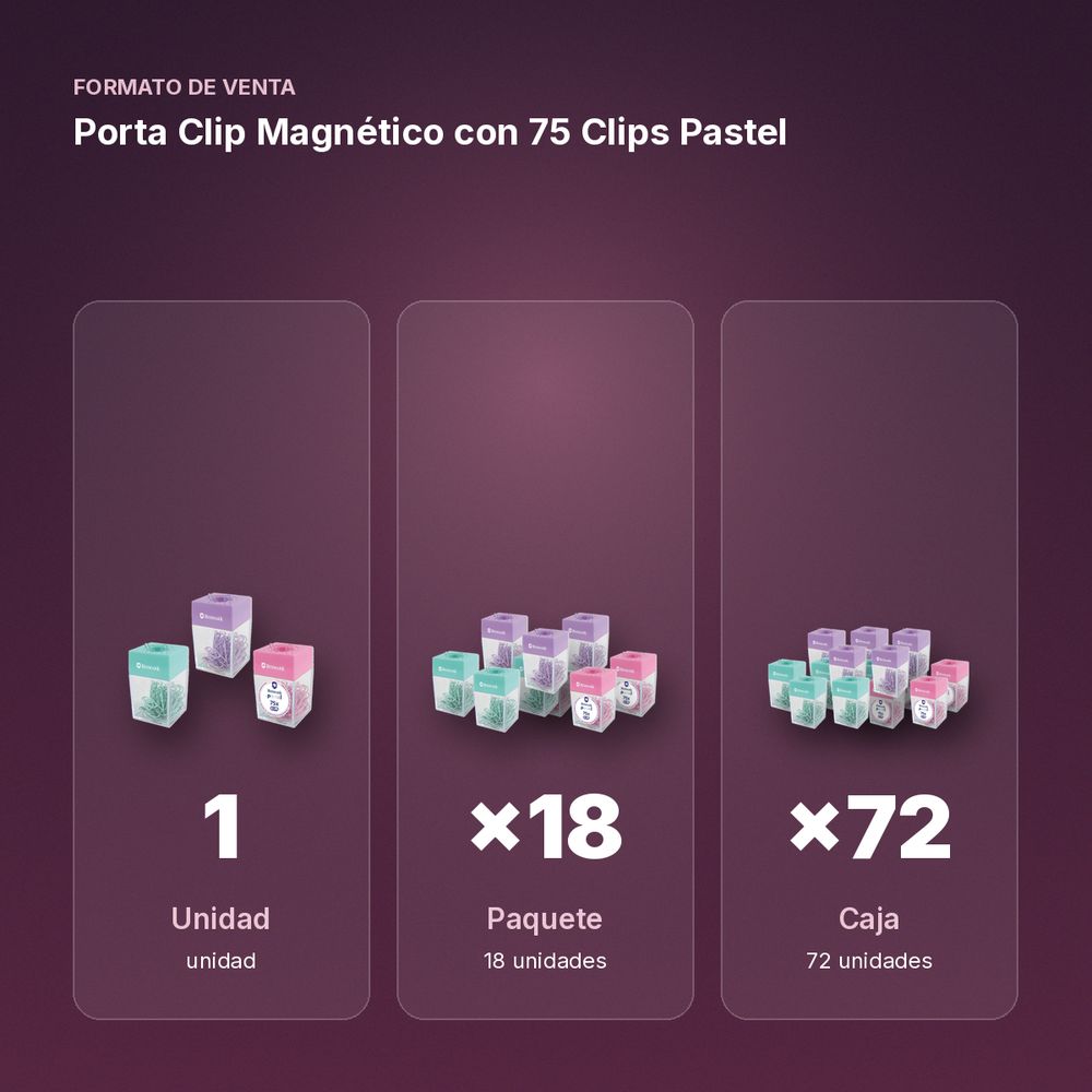 PORTA CLIP MAGNÉTICO CON 75 CLIPS PASTEL - formato de venta: paquete de 18, caja de 72