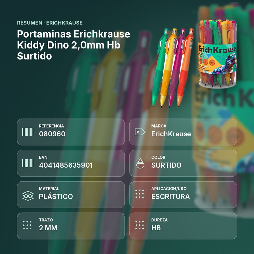 PORTAMINAS ERICHKRAUSE KIDDY DINO 2,0MM HB SURTIDO - resumen de atributos