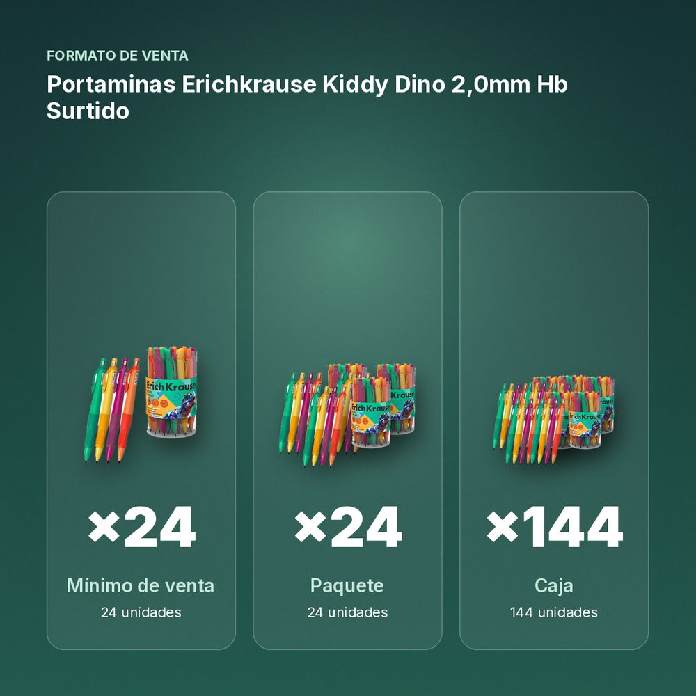 PORTAMINAS ERICHKRAUSE KIDDY DINO 2,0MM HB SURTIDO - formato de venta: paquete de 24, caja de 144, palé de 1728
