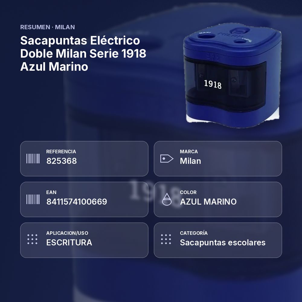 SACAPUNTAS ELÉCTRICO DOBLE MILAN SERIE 1918 AZUL MARINO - resumen de atributos