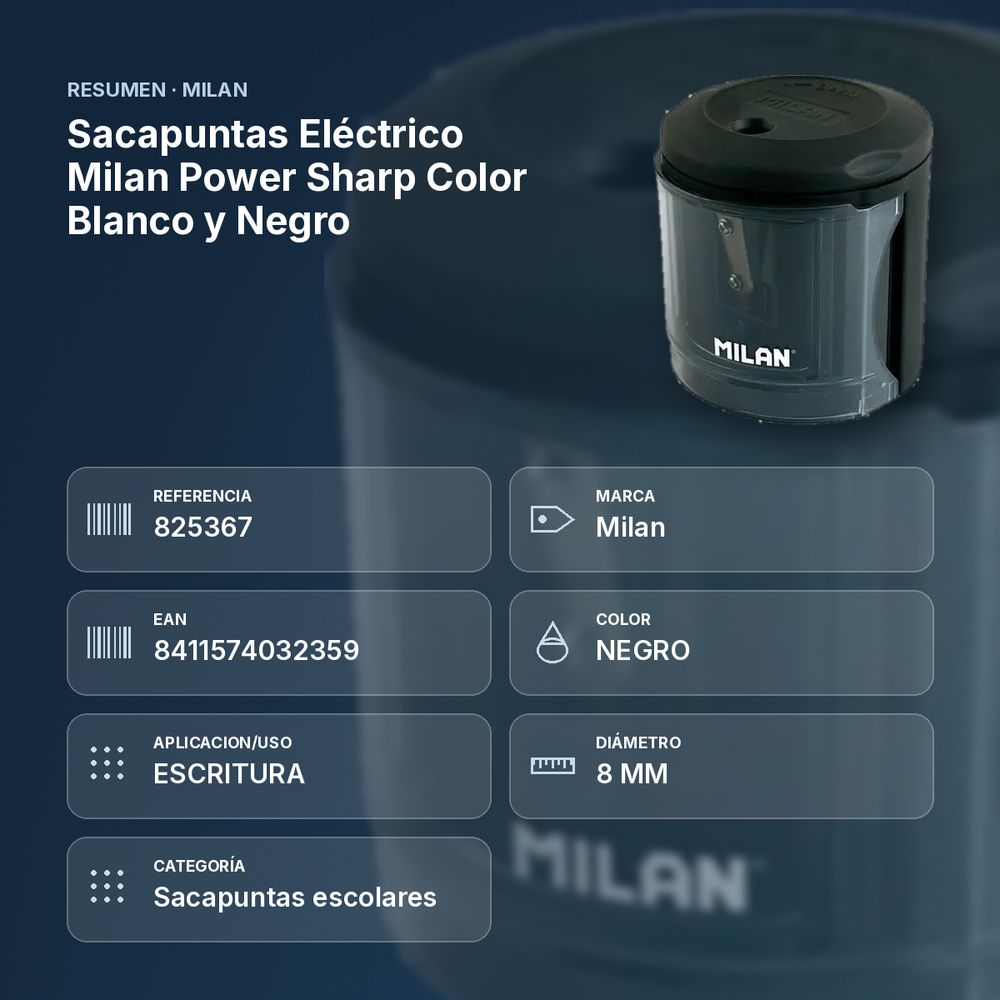 SACAPUNTAS ELÉCTRICO MILAN POWER SHARP COLOR BLANCO Y NEGRO - resumen de atributos