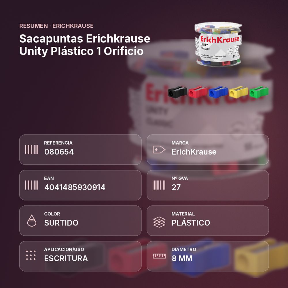SACAPUNTAS ERICHKRAUSE UNITY PLÁSTICO 1 ORIFICIO - resumen de atributos