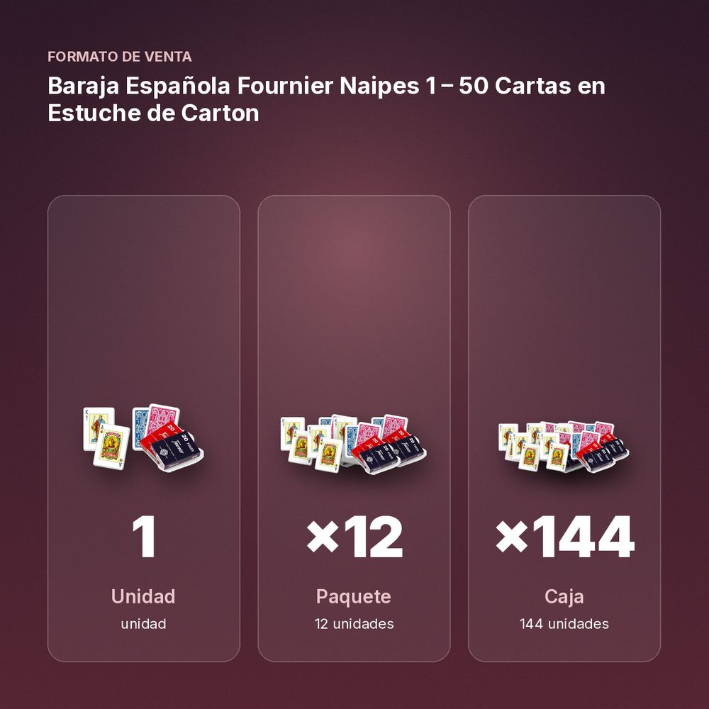 BARAJA ESPAÑOLA FOURNIER NAIPES 1 – 50 CARTAS EN ESTUCHE DE CARTON - formato de venta: paquete de 12, caja de 144