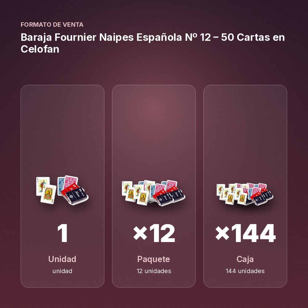 BARAJA FOURNIER NAIPES ESPAÑOLA Nº 12 – 50 CARTAS EN CELOFAN - formato de venta: paquete de 12, caja de 144