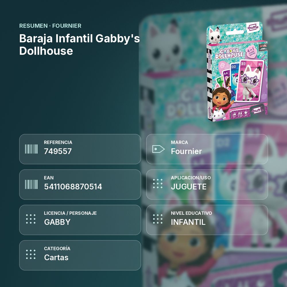 BARAJA INFANTIL GABBY'S DOLLHOUSE - resumen de atributos