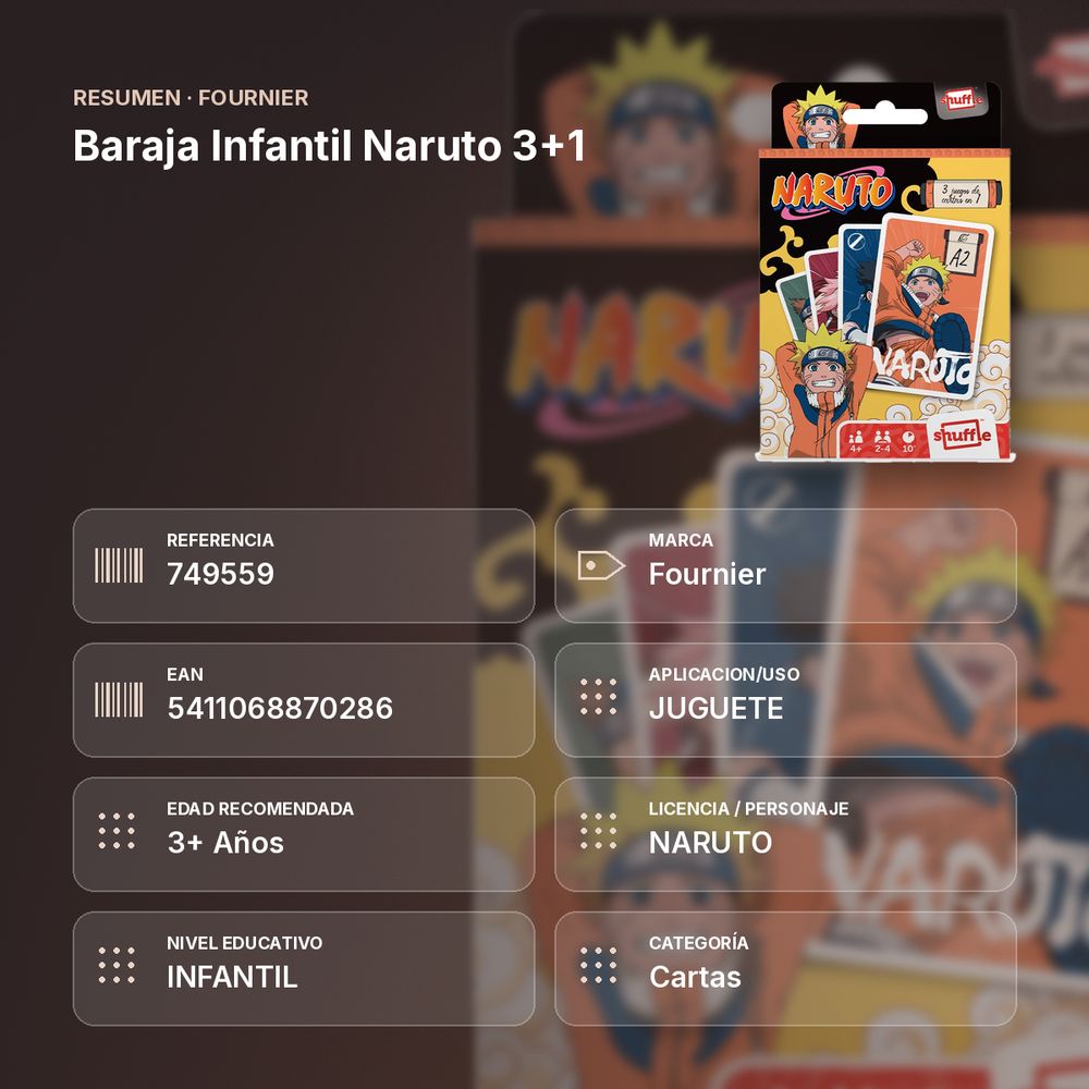 BARAJA INFANTIL NARUTO 3+1 - resumen de atributos