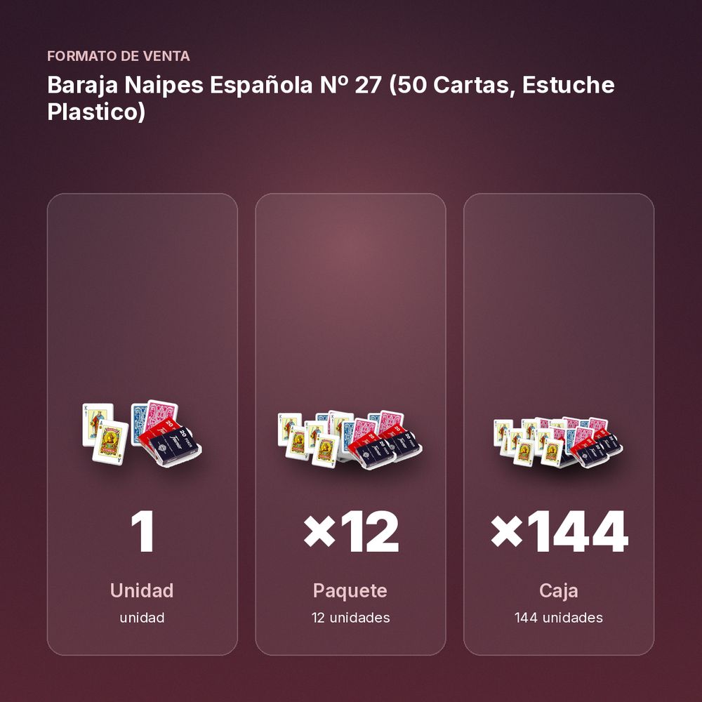 BARAJA NAIPES ESPAÑOLA Nº 27 (50 CARTAS, ESTUCHE PLASTICO) - formato de venta: paquete de 12, caja de 144