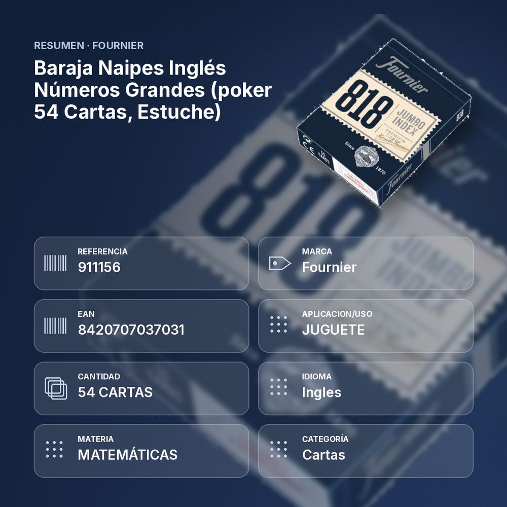 BARAJA NAIPES INGLÉS NÚMEROS GRANDES (POKER 54 CARTAS, ESTUCHE) - resumen de atributos