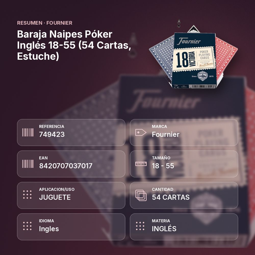 BARAJA NAIPES PÓKER INGLÉS 18-55 (54 CARTAS, ESTUCHE) - resumen de atributos