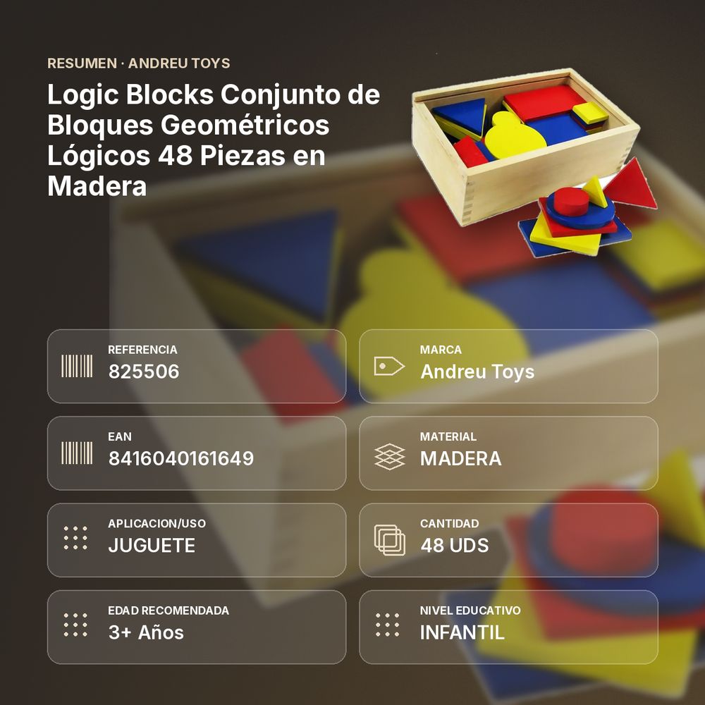 LOGIC BLOCKS CONJUNTO DE BLOQUES GEOMÉTRICOS LÓGICOS 48 PIEZAS EN MADERA - resumen de atributos