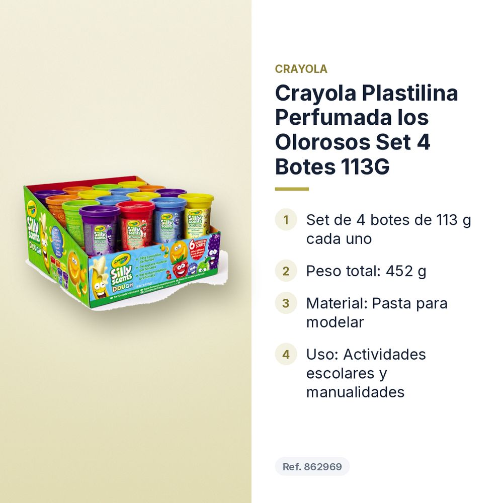 CRAYOLA PLASTILINA PERFUMADA LOS OLOROSOS SET 4 BOTES 113G - características principales