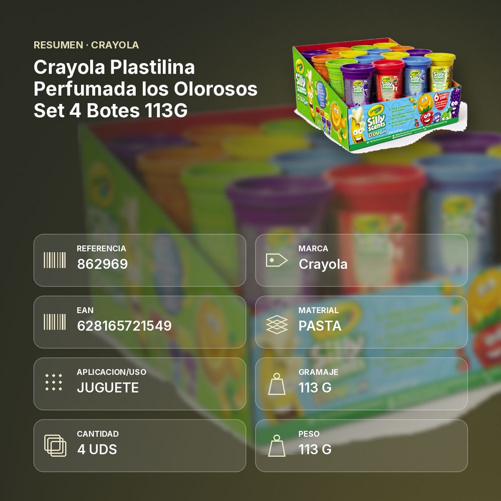 CRAYOLA PLASTILINA PERFUMADA LOS OLOROSOS SET 4 BOTES 113G - resumen de atributos