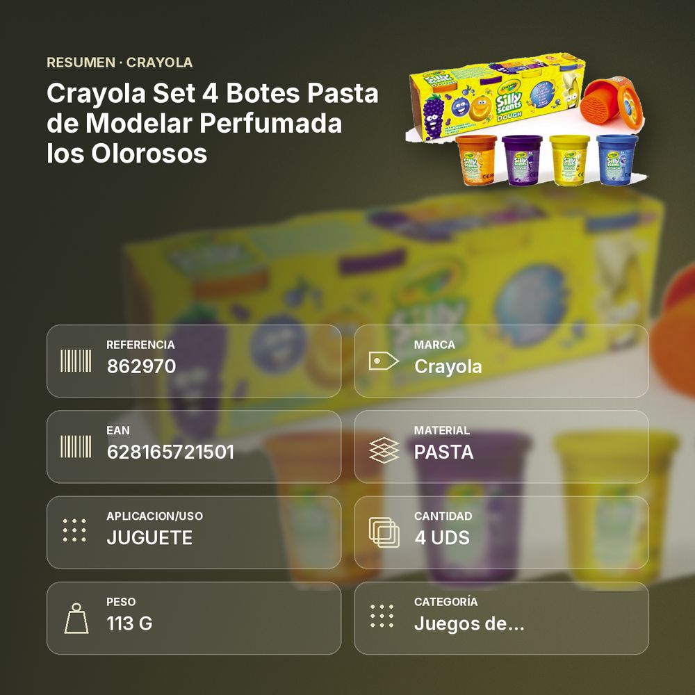 CRAYOLA SET 4 BOTES PASTA DE MODELAR PERFUMADA LOS OLOROSOS - resumen de atributos